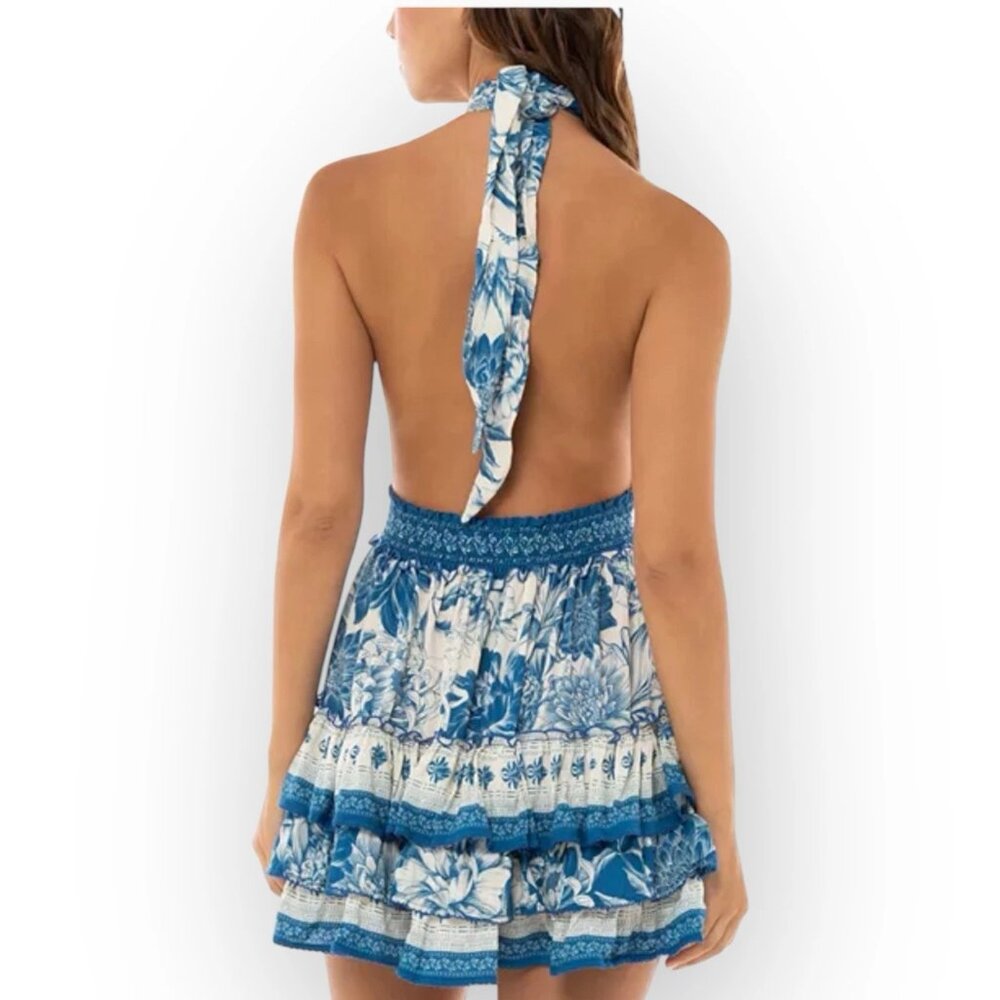 Women’s Agua Bendita Maona Mini Dress Large Halter Neck Stretch Smocked Waist - Picture 4 of 15